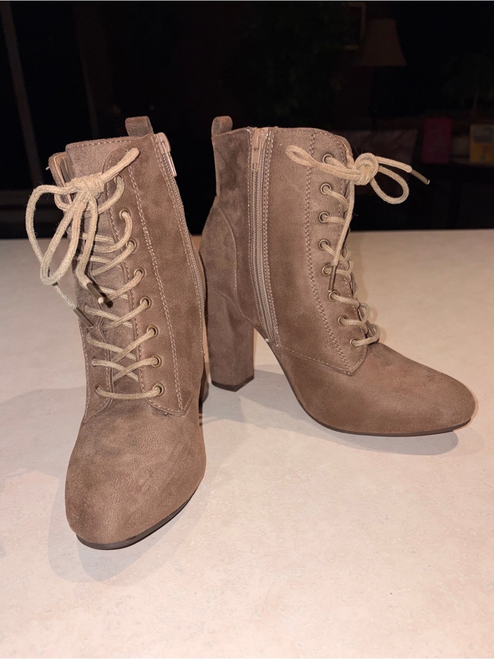 Taupe Lace-Up Suede Block Heel Ankle Boots